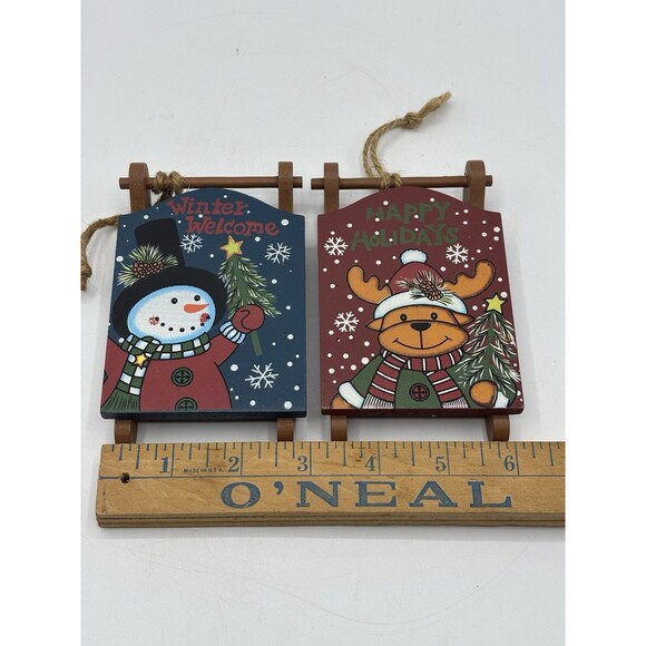 Set Of 2 Creative Design Limited Wood Sleds 2012 Christmas Ornaments 4.5" X 3" - Picture 5 of 8